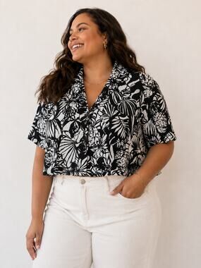 Nicole Miller XL Linen Lyocell Tropical Button Front Camp Shirt Top Black White